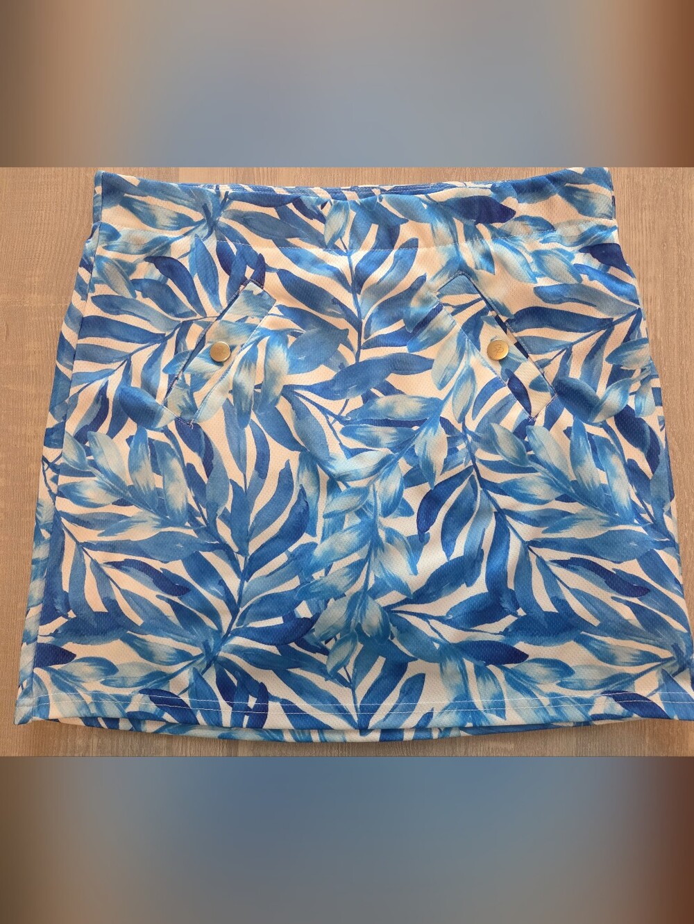 Blue Leaf-Print Skirt with Shorts And Pocket Detail - Women's